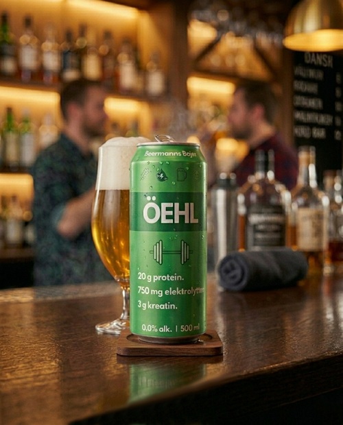 Øl er verdens første sundhedsfremmende øl med protein, elektrolytter, kreatin og 0,0% alkohol.